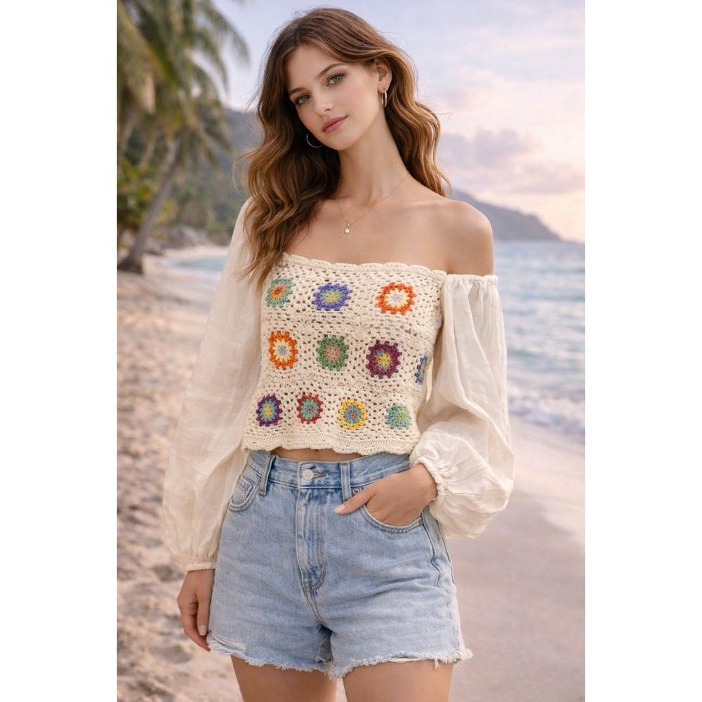 Aerie Crochet Granny Square Top Boho Crop Balloon Sleeve‎ Festival Cottagecore L